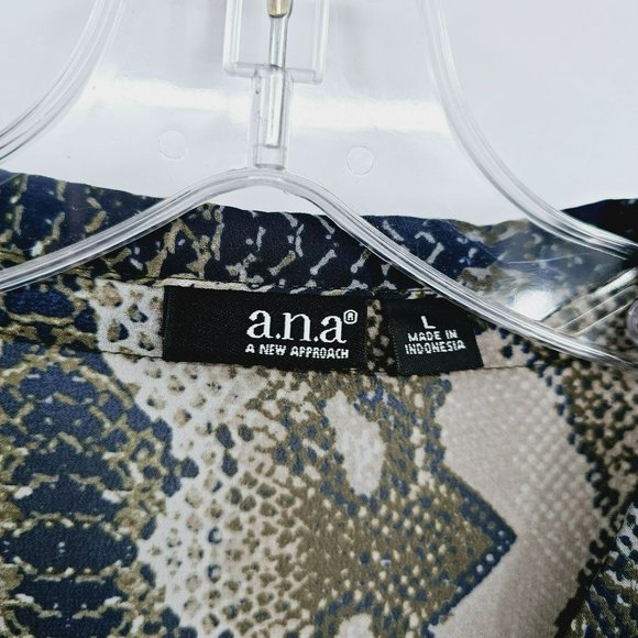 ANA A New Approach Popover Blouse L Blue Green Snake Print Semi Sheer Tab Sleeve - Picture 2 of 13
